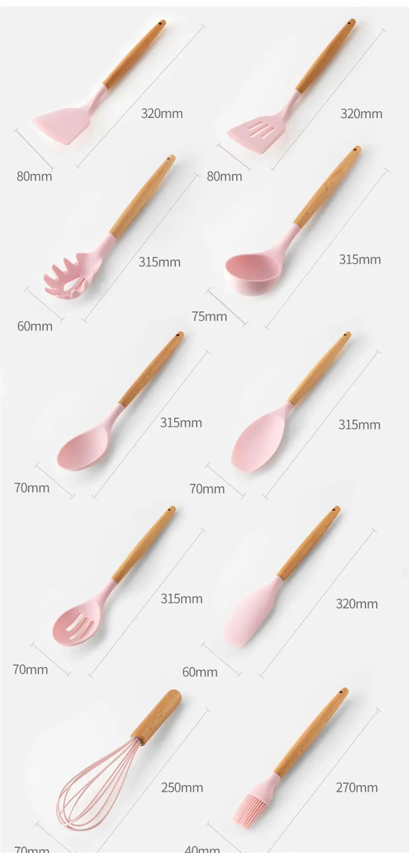 Hot Sale 11pcs Cute Non Toxic Food Grade Wooden Handle Kitchen Utensils