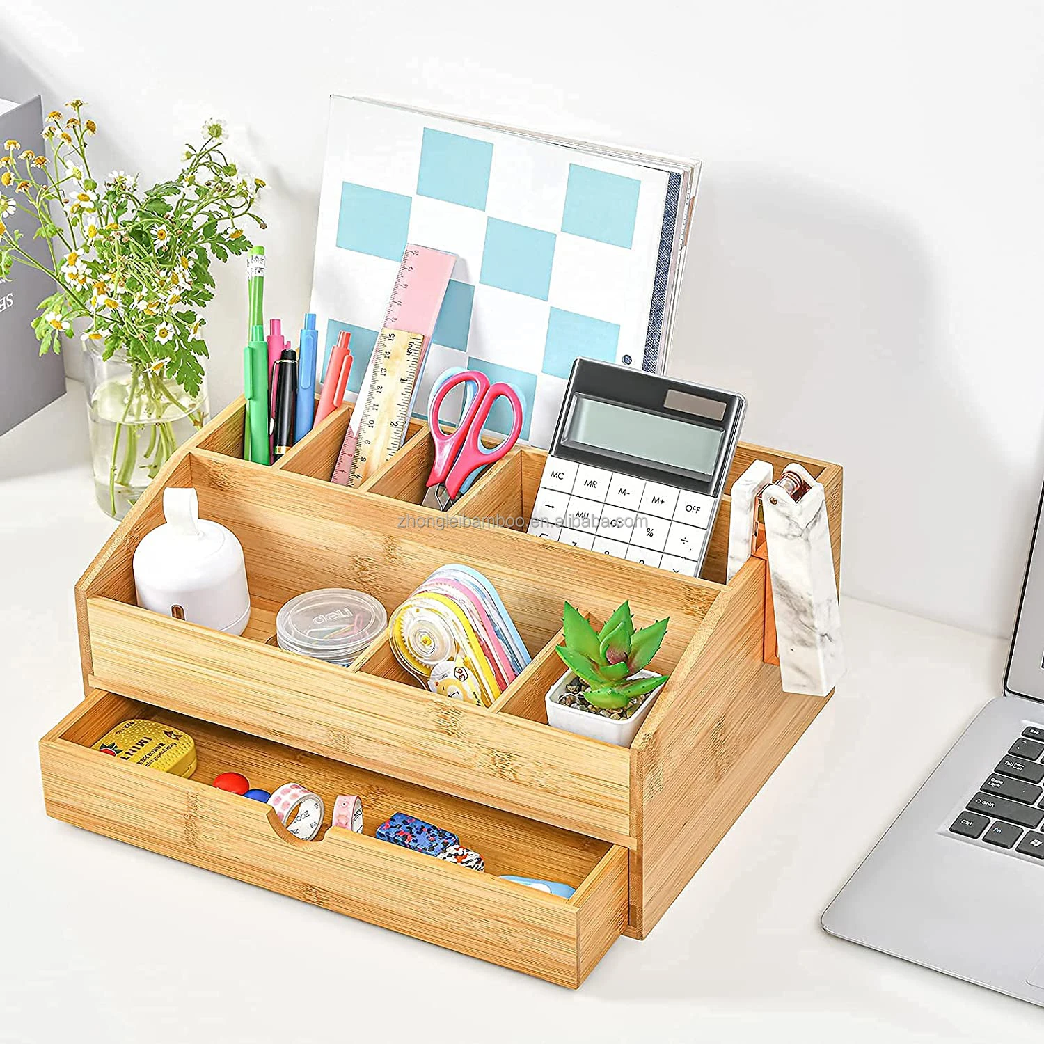 Multifunctional Bamboo Wood Desk Organizer With Drawer Desktop File ...