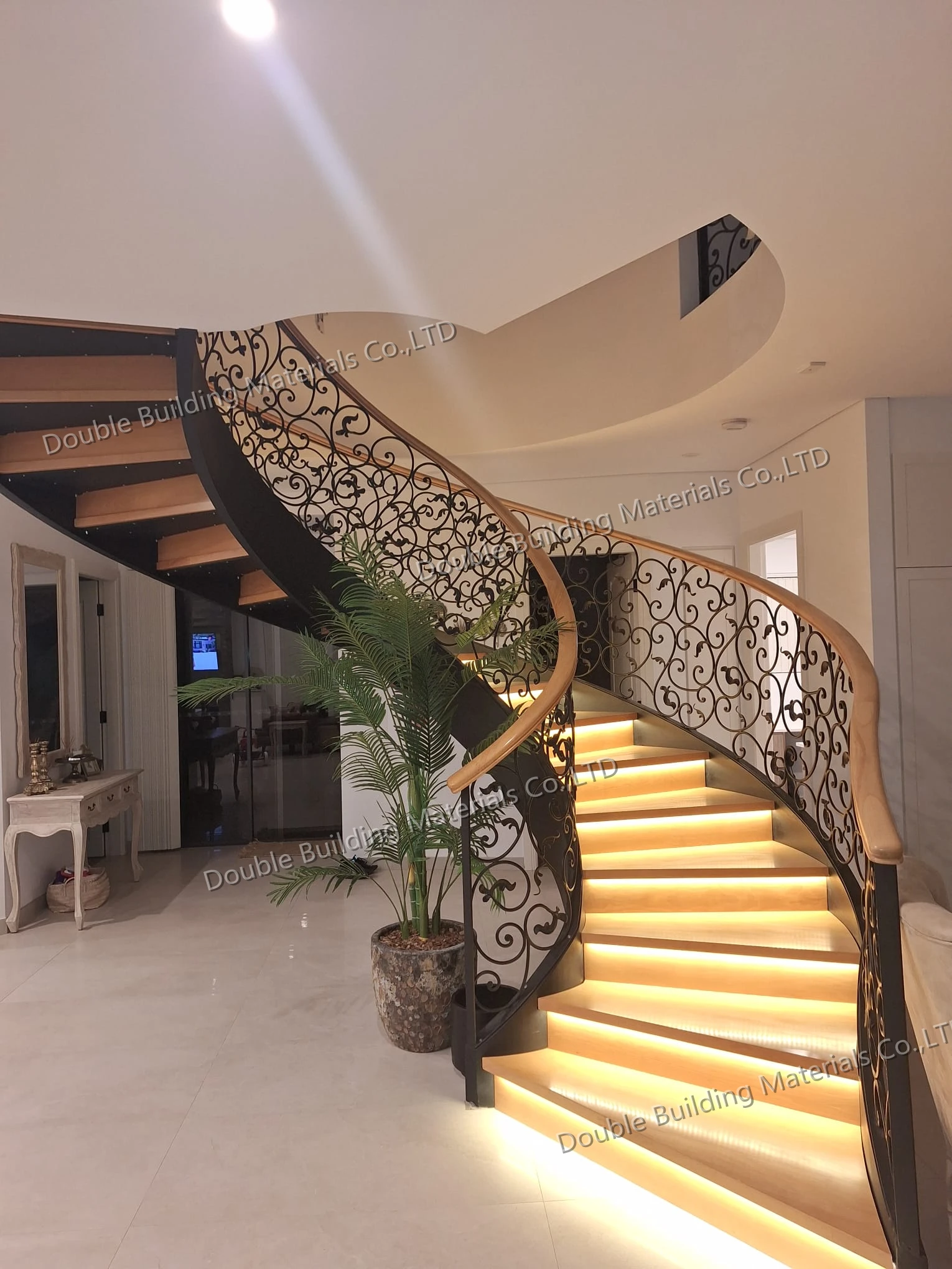 DB Luxury Villa Curved Staircase with Plate Railing Customized Marble Tread Design Stairs factory