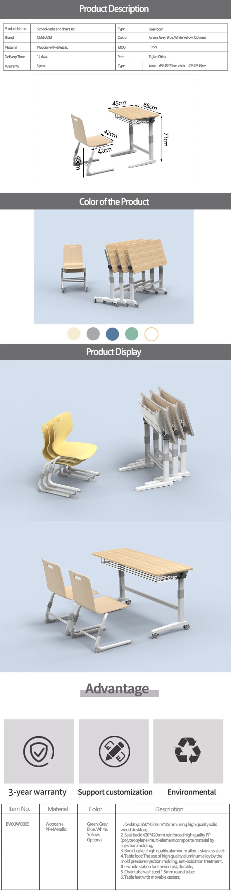 School Furniture Double Seater School desk and chair adjustable height in classroom sets