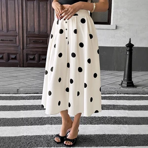 2026 New Early Fall Chic Skirt White Polka Dot Button Front High Waist A-line Skirts for Date & Evening