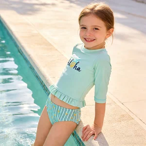 2026 Hot Sale Ruffle Hem Pineapple Floral Print UV Protection Rash Guard Girls' Two-Piece Long-Sleeve Swimsuit Beach Pool