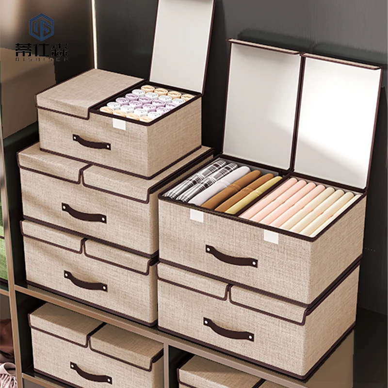 Cotton and Line Foldable Household Desktop Storage with Cov Storage Box for Underwear,socks,cosmetic,clothes,wardrobe and Drawer