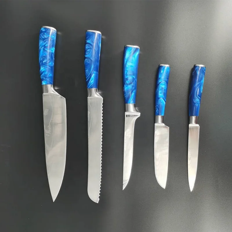 Kitchen Knives Set 1-10pcs Japanese Chef knife Blue Resin Handle 7CR17  Damascus Pattern Santoku Cleaver Slicing Utility Knives