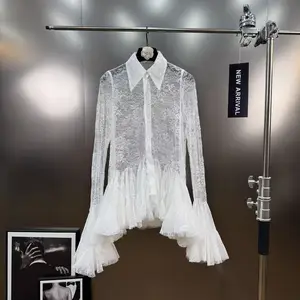Wholesale Spring 2026 New Fashion Elegant Sexy Lace Flared Sleeve Petal Edge Embroidered Temperament Women's Shirt
