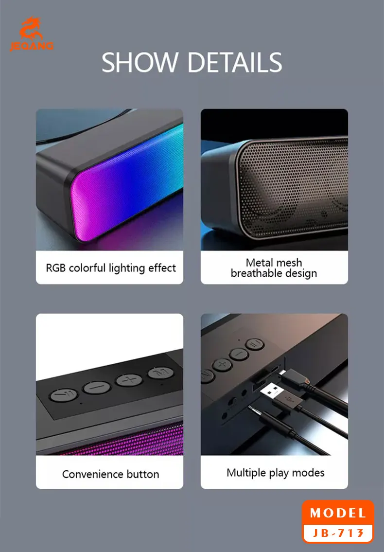 Jeqang JB-713 Modern Portable Wireless RGB Sound Bar Waterproof Computer Speakers USB Aux Communication Plastic for Outdoor Use