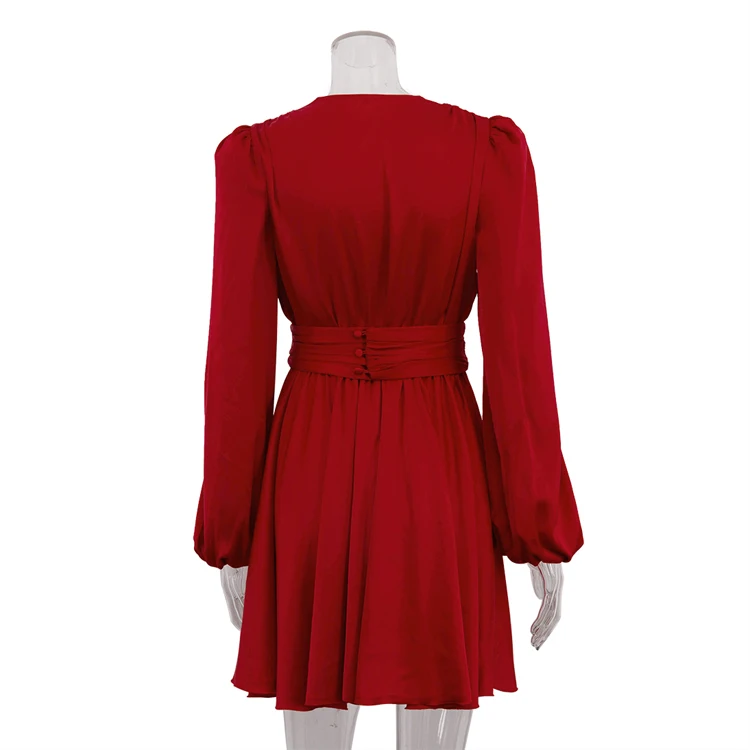 Buttoned Belted V Neck Puff Long Sleeve High Waist Flared Women Party  Dresses Short Red Dress