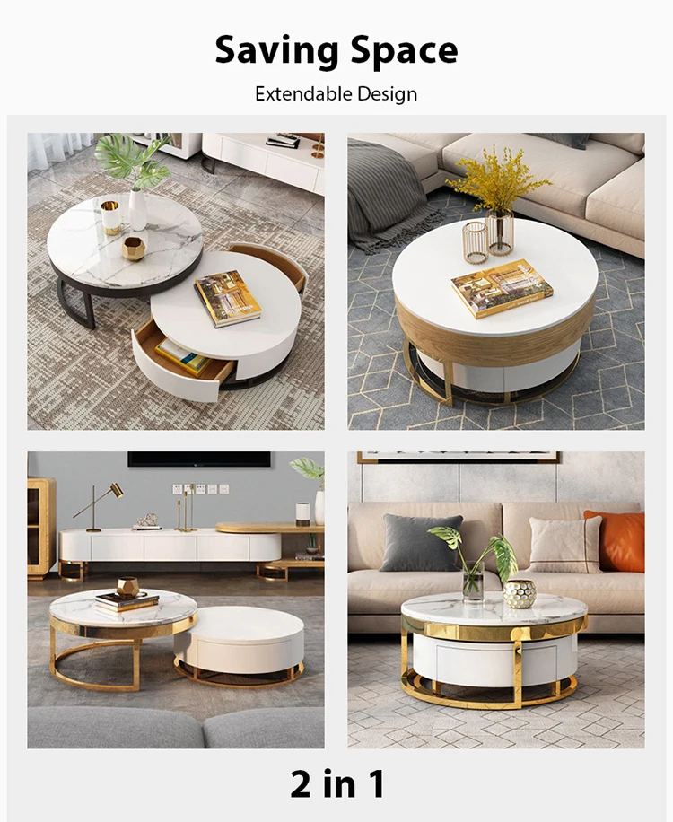 Extensible Tables Basses Relevable Moderne Marbre or Ronde Pour Salon Coffee Table