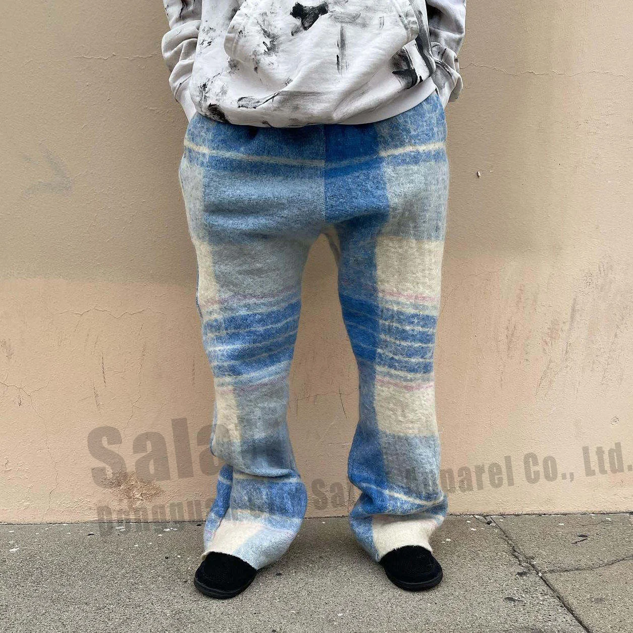 Custom High Quality Bootcut Flare Sweatpants Heavyweight Long Vintage Plaid Jogger Streetwear Mohair Flared Pants Men gallery 2