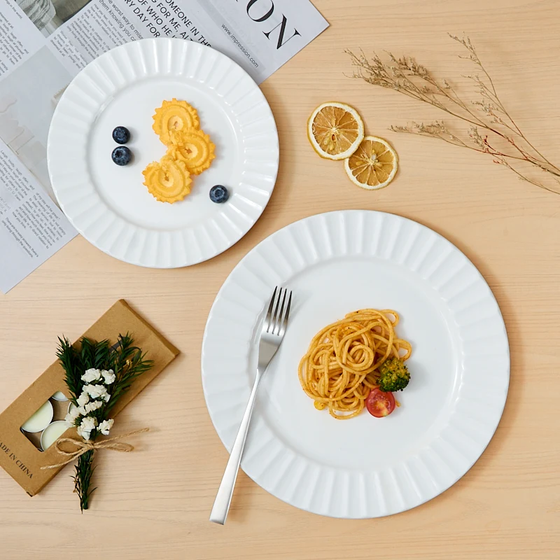 Modern White Relief Flat Plate Dish Customizable for Parties Wholesale Service for Restaurants Hotels & Families
