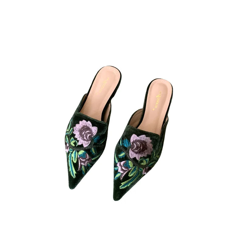 Silk Embroidery Mules Shoes Luxury Slippers for Women