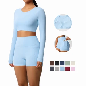 New Brushed Yoga Wear with Chest Pads and Pocket Shorts with Long Sleeves for Outdoor Running and Fitness Yoga Sets