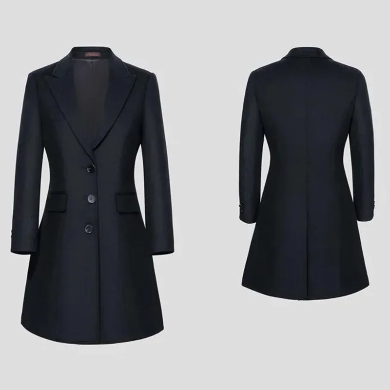 Fashion Winter Warm Long Hip Lapel Collar Single-Breasted 50% Wool 50% Polyester Black Women's Formal Business Suit Coat manufacture