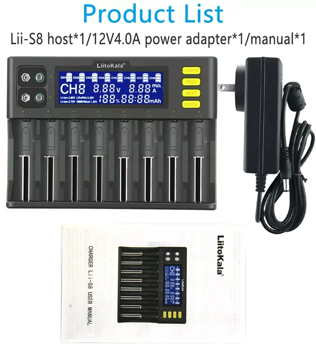 Liitokala Lii-S8 充電器　リチウムイオン電池 Liitokala Lii-s8 Fast 12v Lithium Battery Charger & Adapter