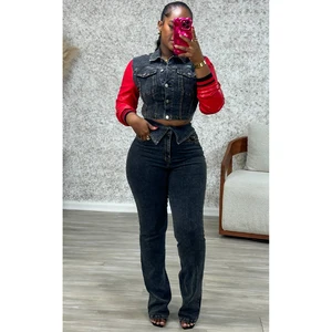 Colorblock Denim 2 Piece Sets Women Outfit Fall Clothes 2025 Women Patchwork Jean Jacket Top and Pants Sets Cowboy Two Piece Set