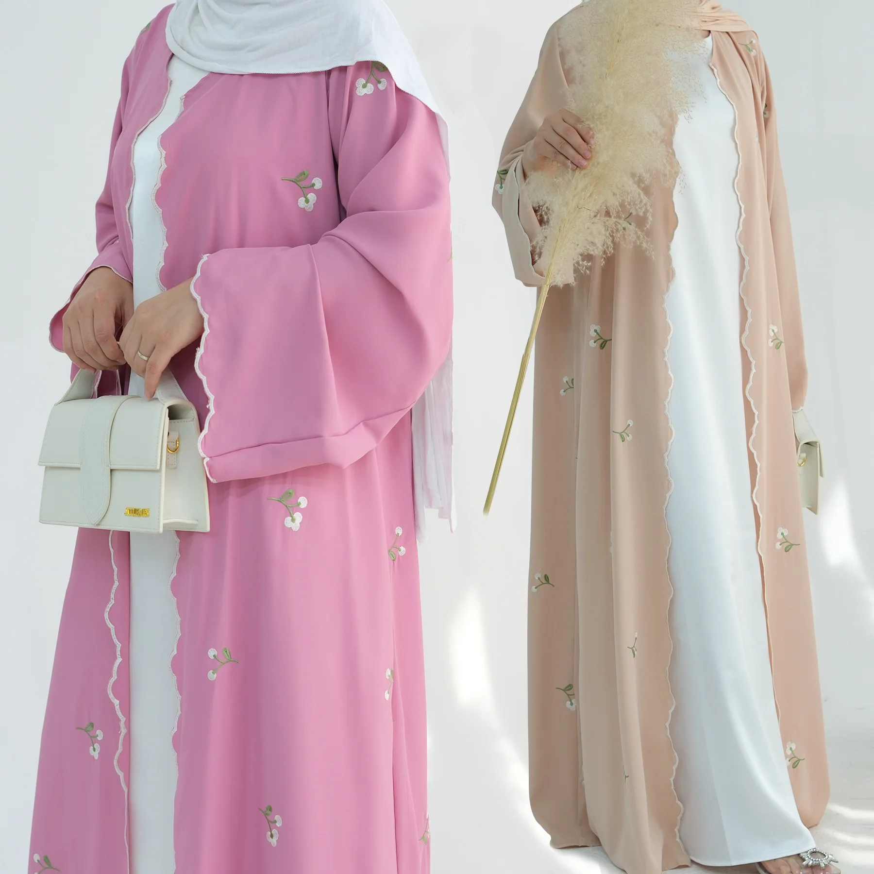 2024 Latest Design Elegant Flower Embroidery Front Open Abaya Dubai Turkey Middle East Muslim Abaya Sexy Dress Breathable Robe