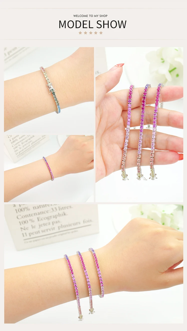 2024 新款女士高品质宝石首饰 925 纯银 3 毫米彩虹色刚玉网球彩虹手链