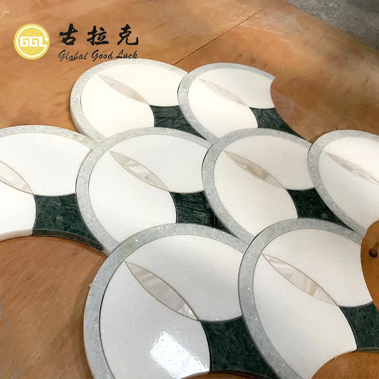 New Fan Shape Marble Sea Shell Inlay White and Green Marble Waterjet Mosaic Tile for Home and Hotel Decoration factory