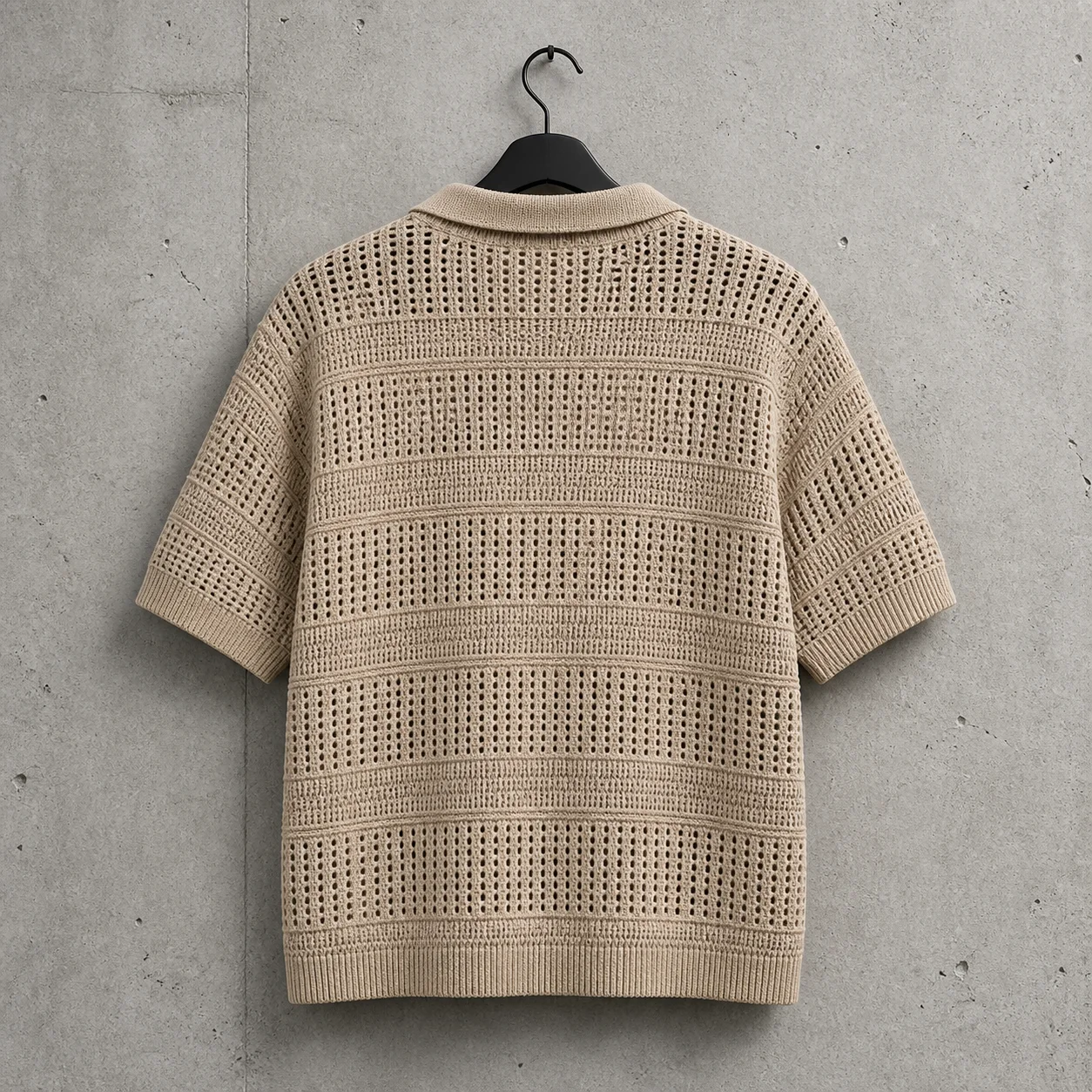 Custom Mens Hollow Knit Top Beige Short Sleeve Textured Openwork Loose Fit Retro Casual OEM Supplier Men Polo Shirts gallery 2