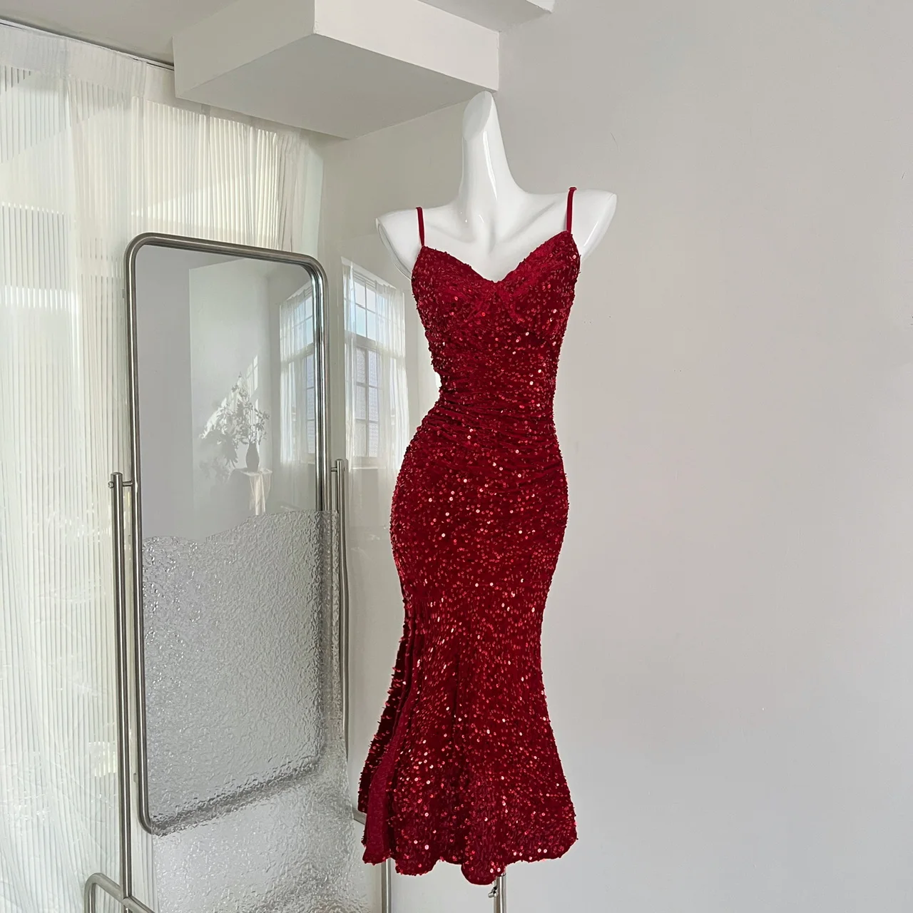 Guangzhou Auyan Red Velvet Dress Christmas Female Sequin New - Main Image