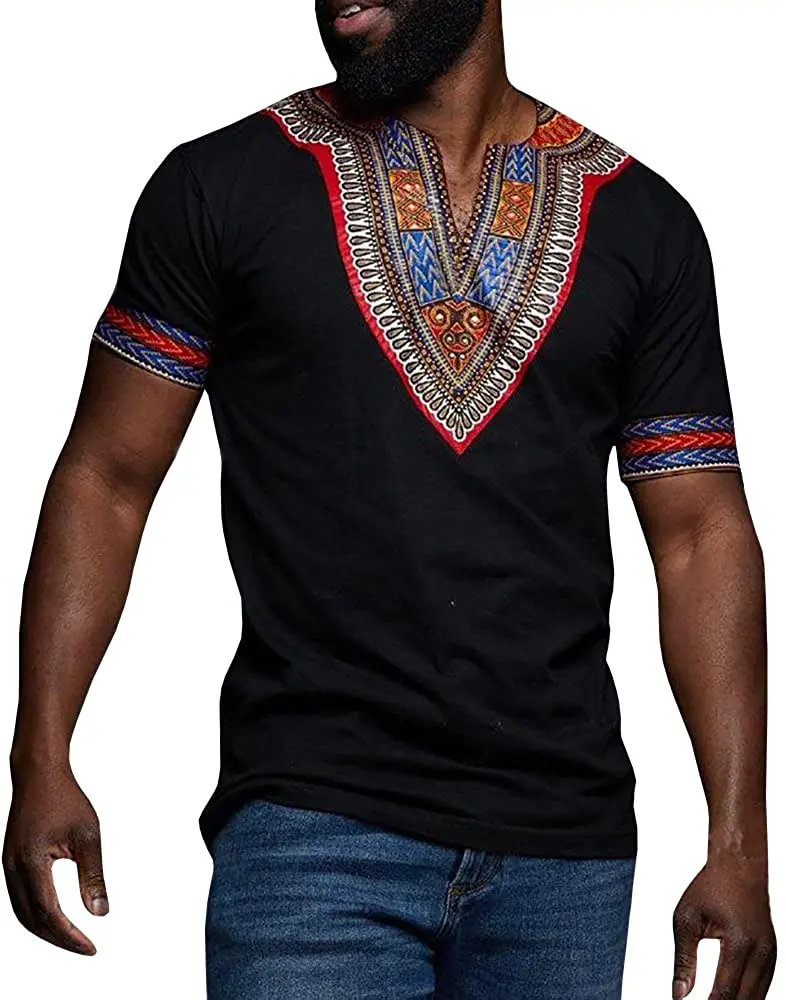 Mens African Dashiki T Shirt Tribal Floral Print V Neck Slim Fit Shirts Tops