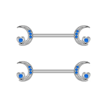 Set of 5 Creative Fun Blue Zircon Moon Heart Nipple Ring 316L Steel Body Piercing Jewelry for Parties