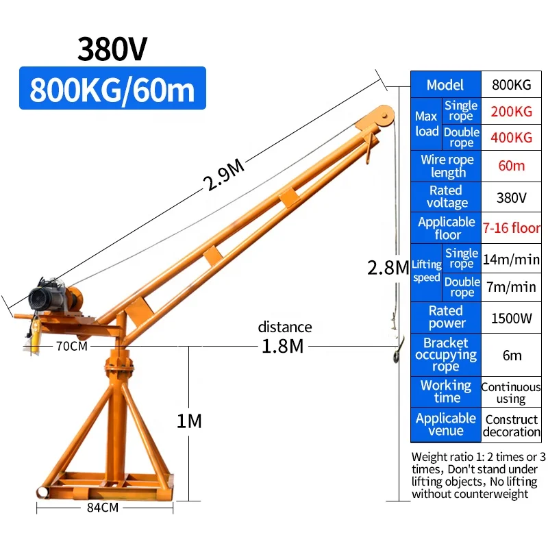 Power Mini Crane Durable 1000kg 60m 380V Lifting Equipment Mini Portable Mobile Manual Jib Crane Outdoor Lifting Portable Crane