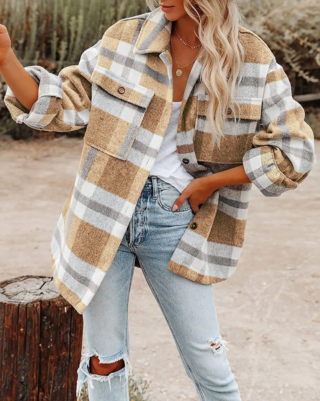 Women's Long Sleeve Checkered Shirt Jacket Solid Pattern