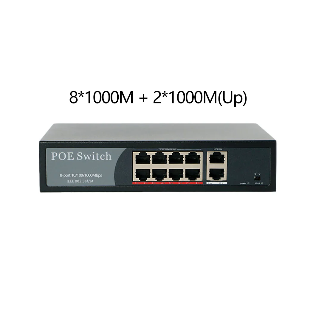 8 Port POE 交换机 802.3af/at Ethernet 8*100Mbps+2*1000Mbps Uplink RJ45+1*SFP Rack Gigabit Network 48V 120W 4