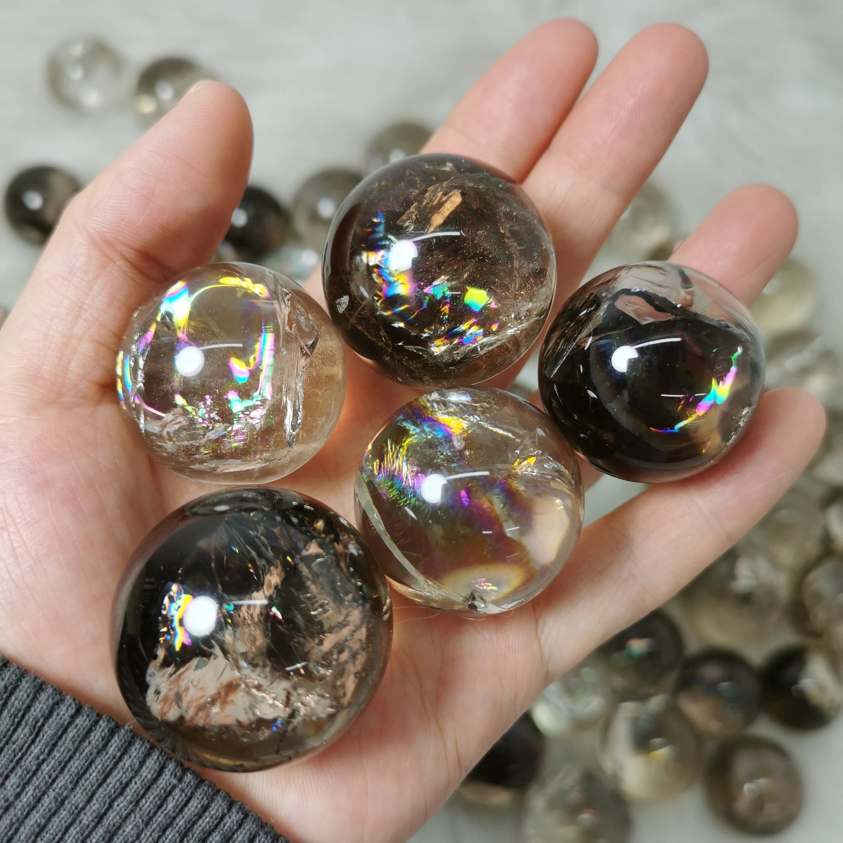 Natural Stone Smoky Quartz Crystal Rainbow Sphere Crystal Sphere
