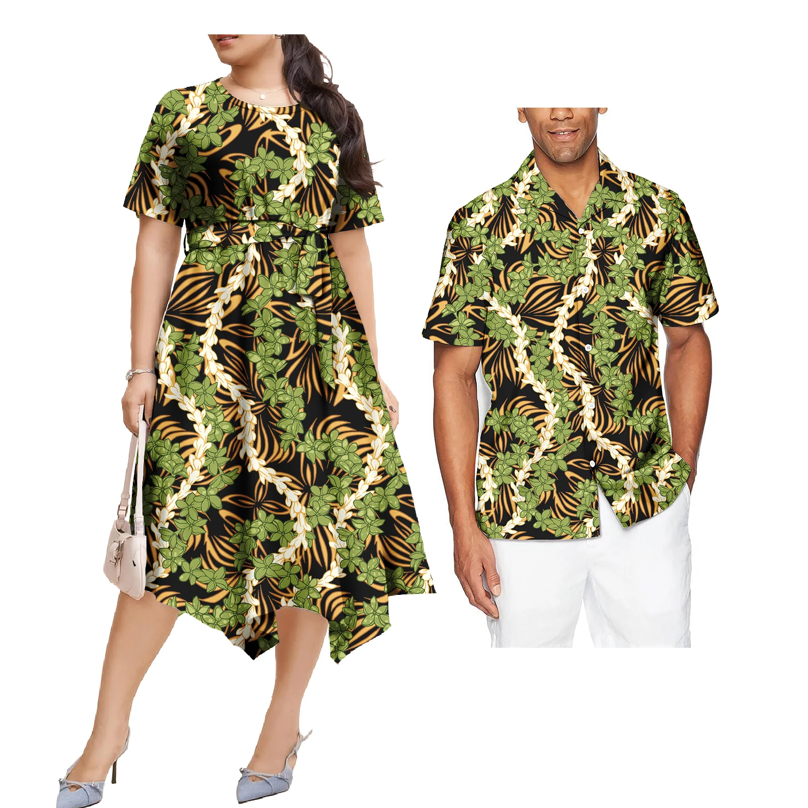Evening Dresses Party Polynesian Vintage Tribal Print Couple 2pcs Set Trendy Women Maxi Dress And Hawaii Formal Shirt Men