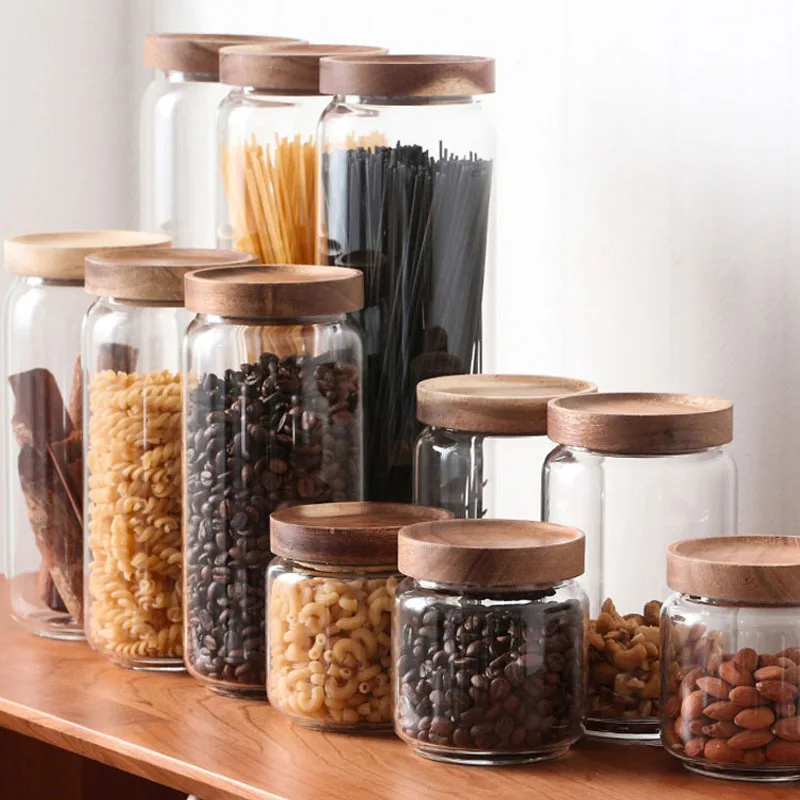 1Pc Glass Kitchen Storage Jar Wood Lid Borosilicate Glass Food