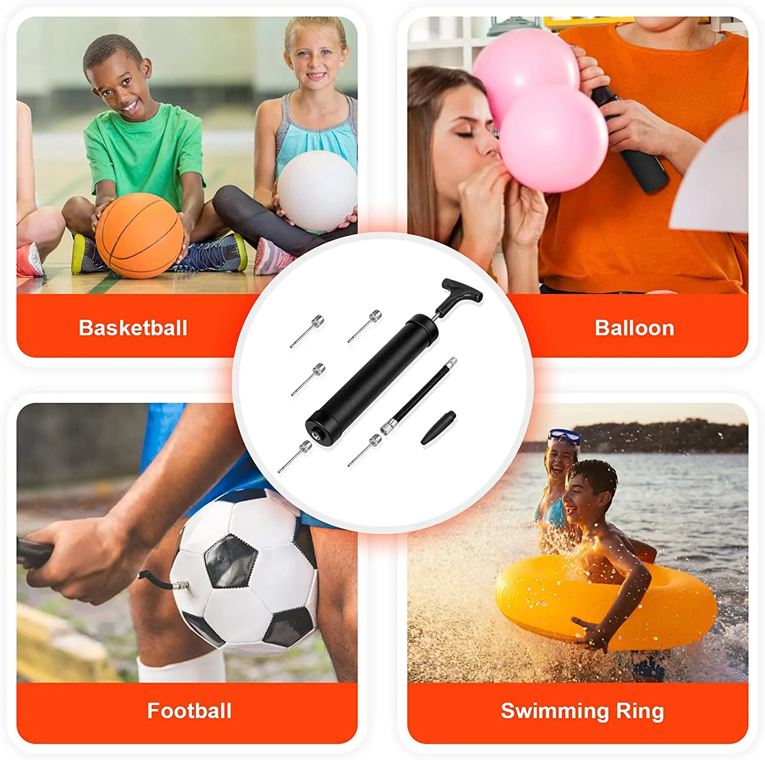 Hand Air Ball Pump Inflator Kit With Needle Nozzle Extension Hose For