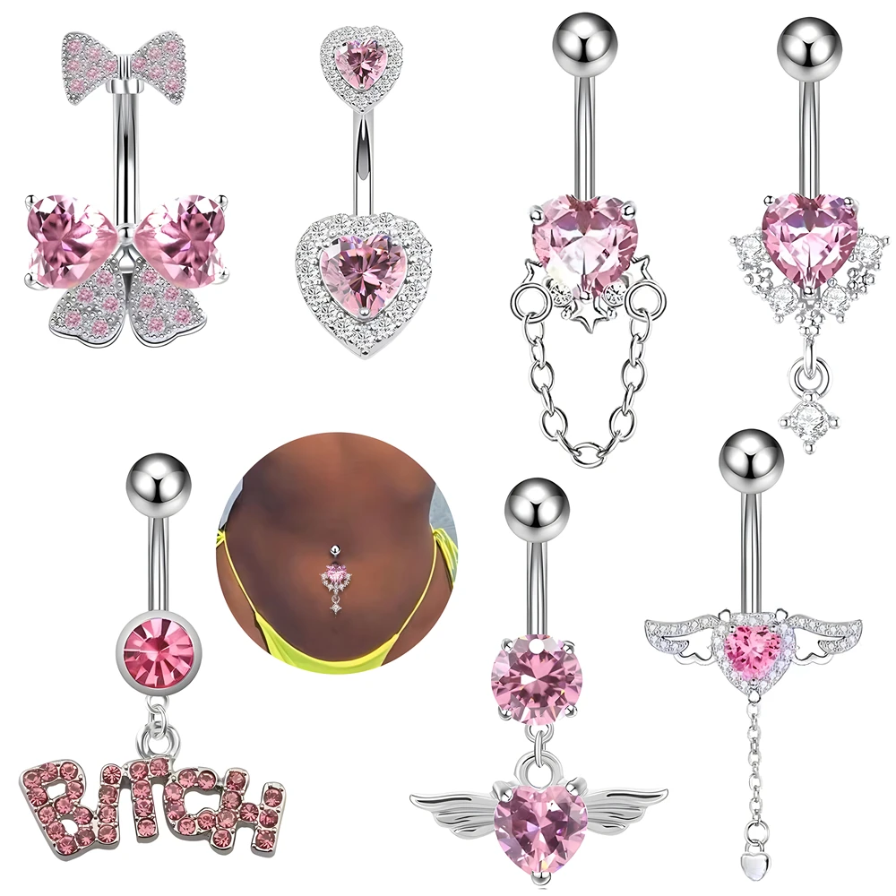 New Arrival Navel Button Rings Set Pink Crystal Belly Ring Stainless Steel Belly Piercing 6459