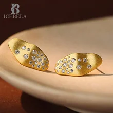 ICEBELA Jewelry Original Design Zircon Earrings 925 Sterling Silver Oval Wavy Statement Brushed Texture Stud Earrings For Women