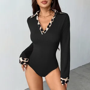 2026 New Spring Casual, Slimming, Waist-cinching Long-sleeved, Leopard Print Lapel Knitted One-piece Women's Dress