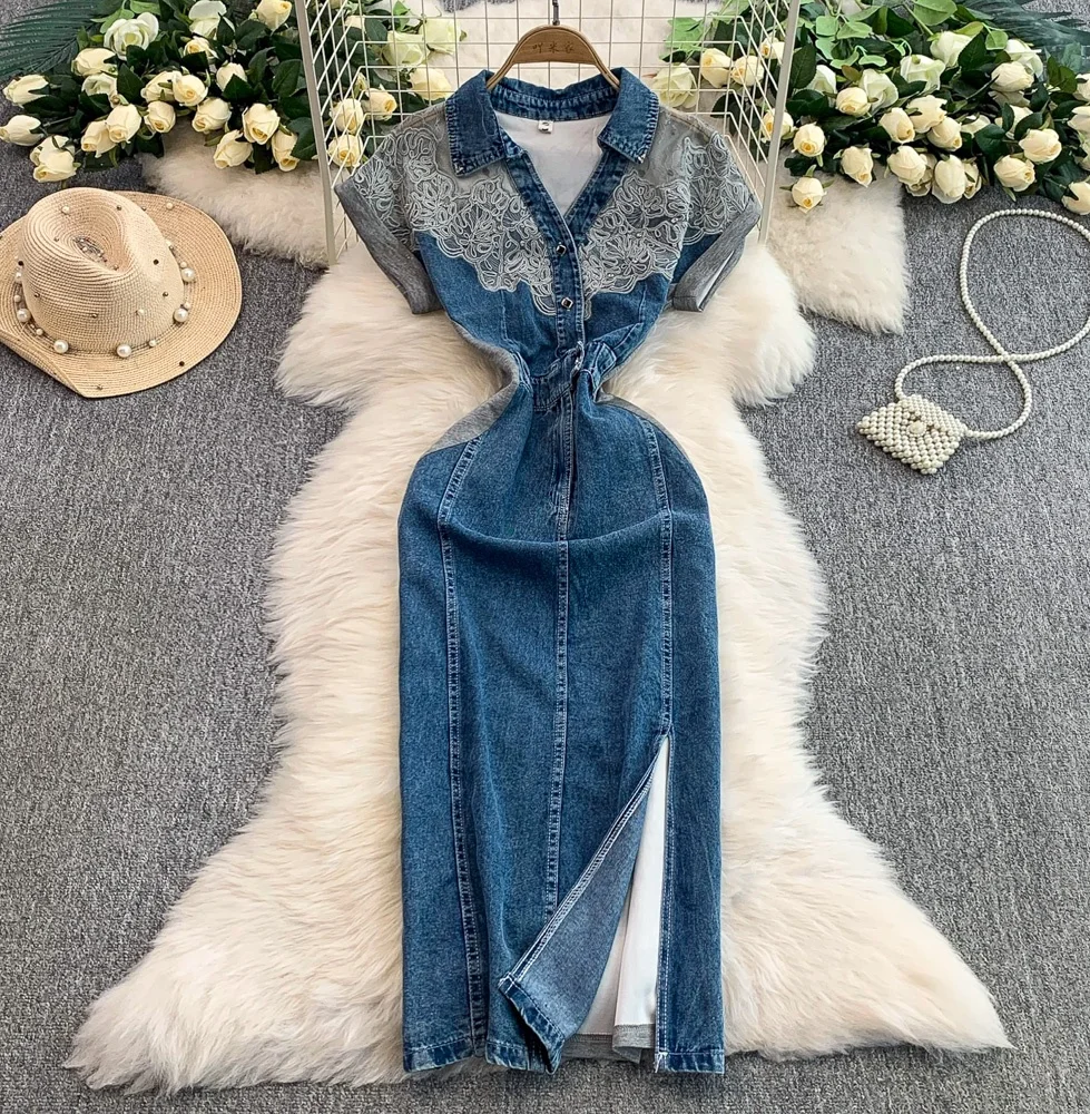 anthropologie embroidered dress Madame Blue Embroidered Denim Dress main image 0