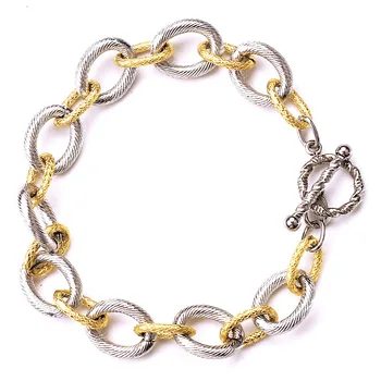 Two Tone Circles Chain Link Wire Cable Bangle 18K Gold Plated O-shaped T Buckle Adjustable Stainless Steel Inspired Bracelet