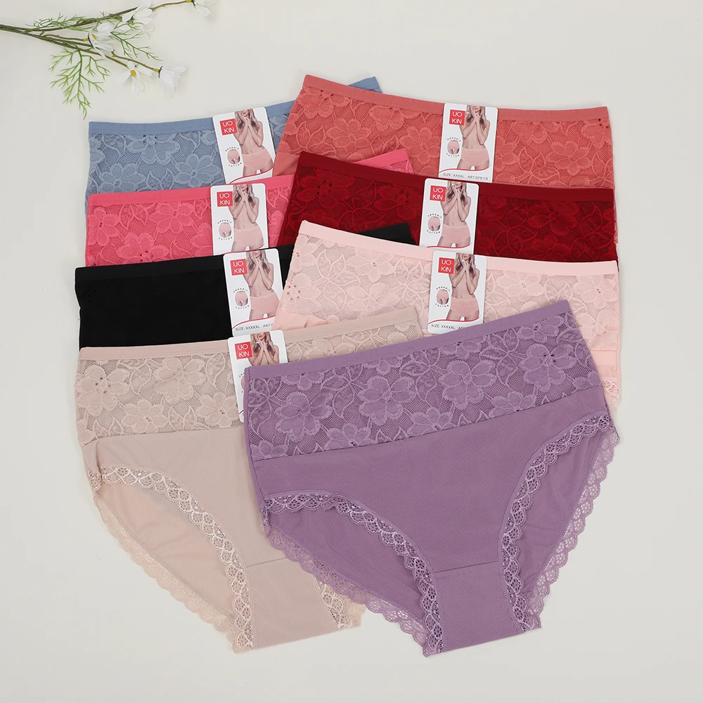 UOKIN  New Cheap Fabric Breathable Polyester Lace Panties Womens Sexy Bi Hip Underwear Panties Mix 8 Colors Xxxl