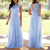 Abito da damigella in chiffon blu lungo fino al pavimento con pizzo