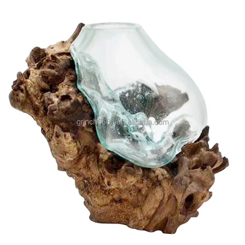 Natural Wood Glass Vase Melted Glass Vase On Wood Glass Planter Vase On Natural Wood Base Buy