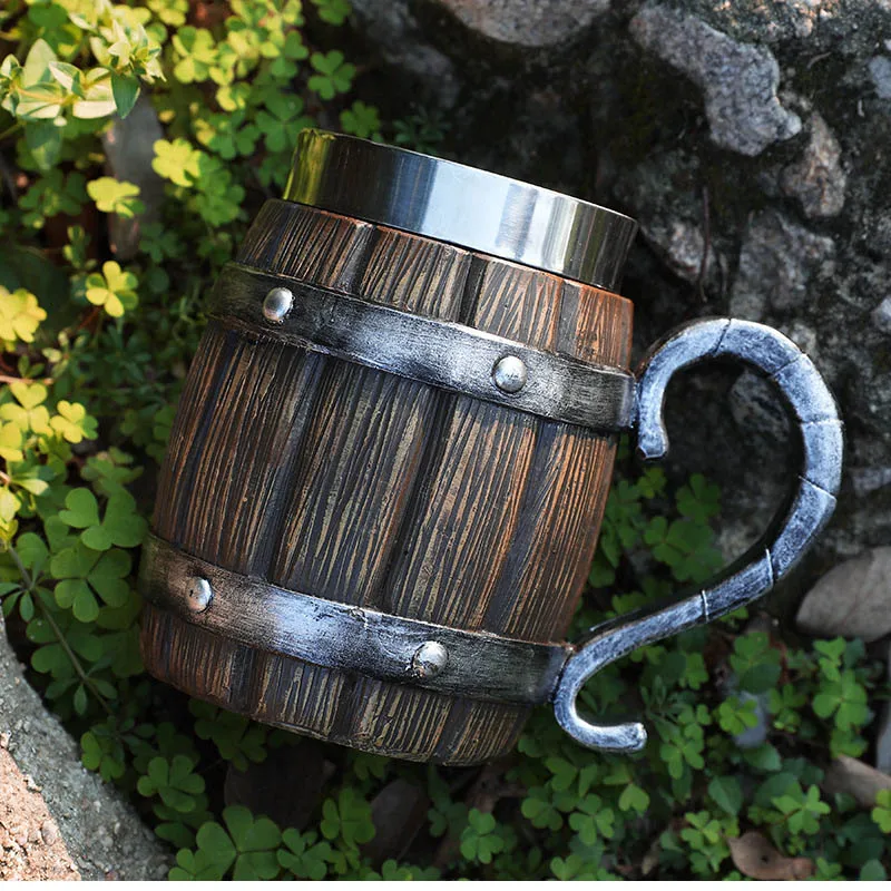 Personality Simulation Wooden Barrel Viking Resin Mug One Piece Cup Stainless Steel Beer Tea Cups Bar Wooden Beer Mug