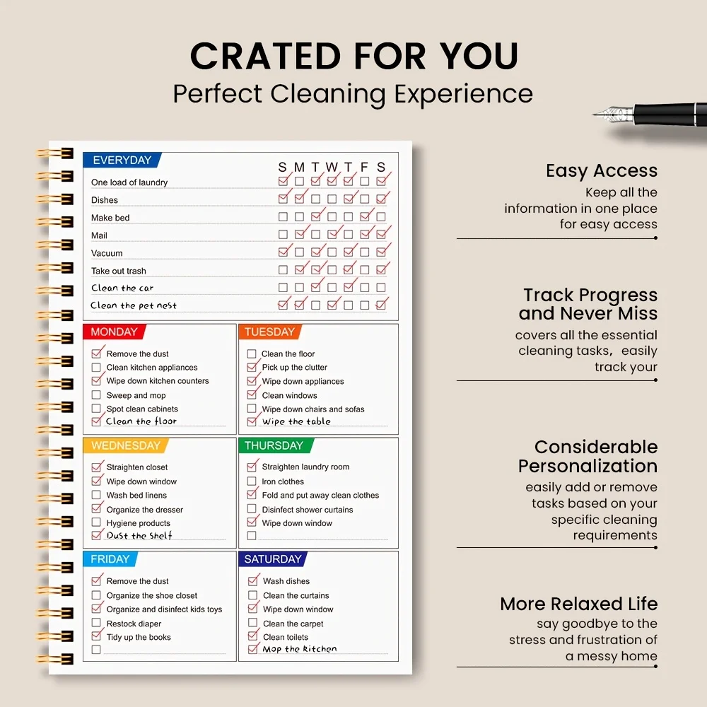 Customizable Household Chores Organizer Daily & Weekly Spiral Bound Cleaning Schedule and Checklist Notebooks