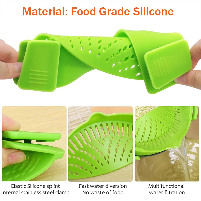 Durable Silicone Clip On Pan Strainer Clip On Kitchen Food Strainer For