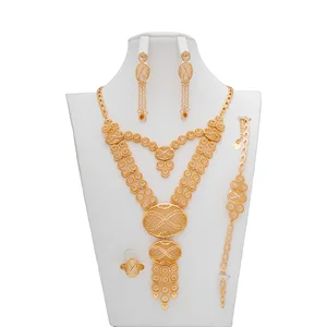 2026 Luxury  Bride Wedding Party Gold Plated Jewelry Set Latest Dubai Gold-color Jewelry Sets Golden Supplier Necklace Chain