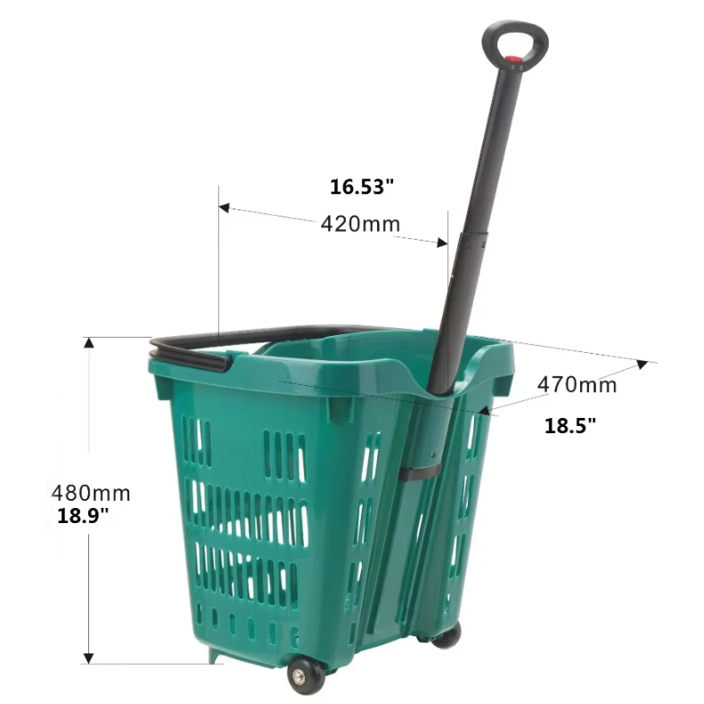 50L Wholesale Market Basket 50L Large Size Customized Colors Plastic Shopping Basket Trolley with 2 Wheels supplier