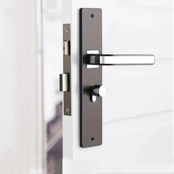 Contemporary Alloy Thick Door Plate Lock Handle Chrome and Black Silent Door Lock Handle for House Construction with Key