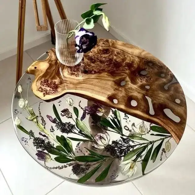 Elegant Customized Modern Design Handmade Wooden and Resin Round  Table  Live Edge Epoxy Resin Flower River Dining Table