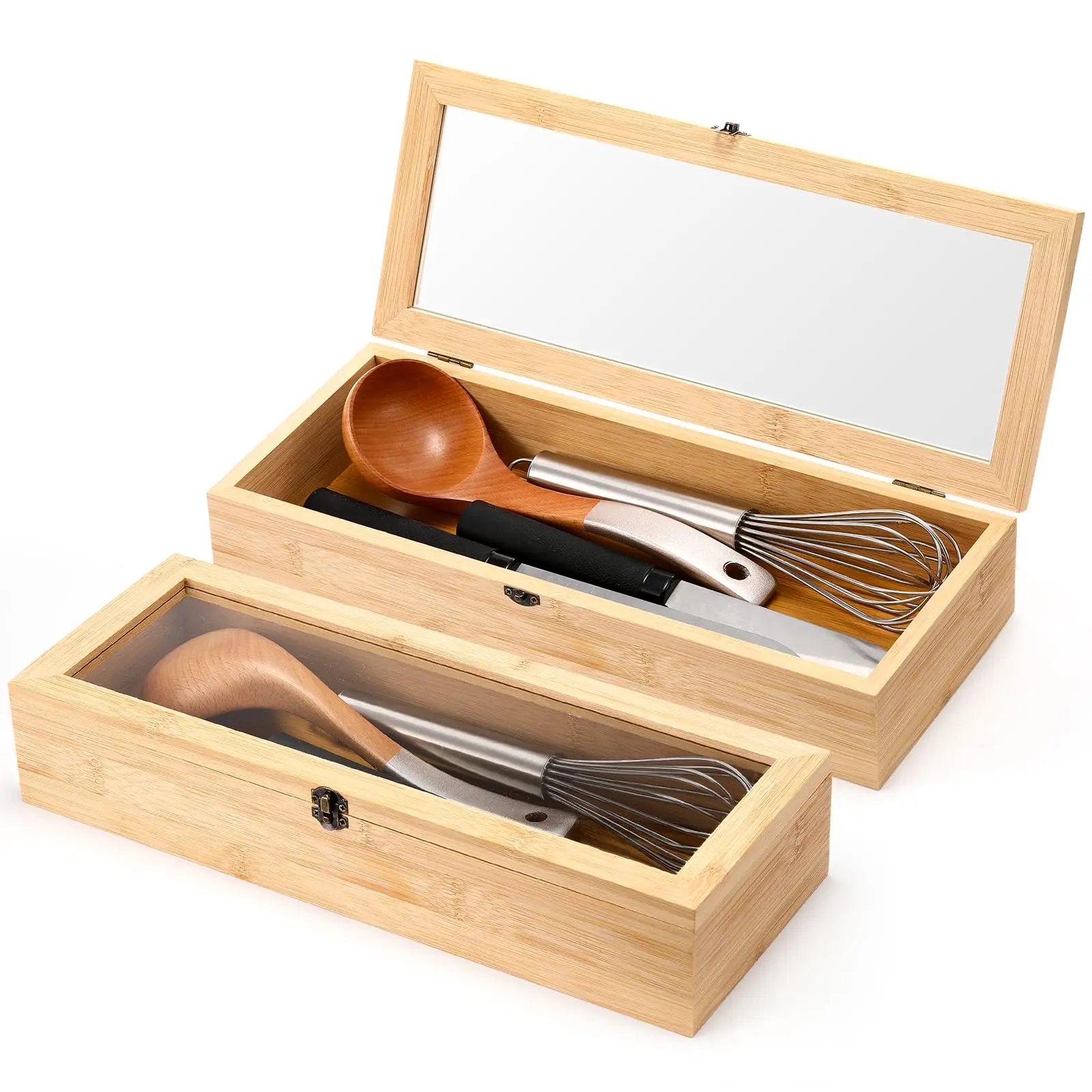 product bamboo kitchen utensil storage box with clear lid silverware flatware organizer for cutlery-6
