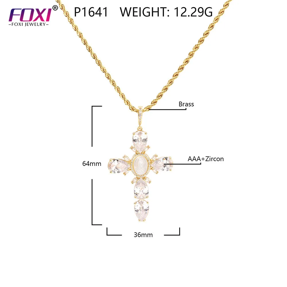 For Foxi Silver Gold Plated Virgin Mary Shell Necklace Custom Logo Religious Cross Jewellery with Zircon Brass As Main Ston